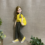 リカちゃんサイズ　黄色💛のＴブラウスとデニムワイドパンツのセット、トートバッグ付き！