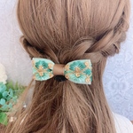 インド刺繍リボン エスニックアクセサリー 大人 バレッタ ポニーフック ヘアゴム やっとこピン グリーン 緑 花柄