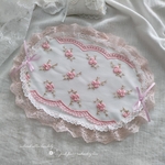ピンク  お花柄刺繍  チュールレースドイリー  楕円形　テーブルセンター