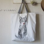 お絵かき風ネコ* 大きなトート バッグ* ビッグバッグ＊帆布＊ギンガム＊マザーバッグ