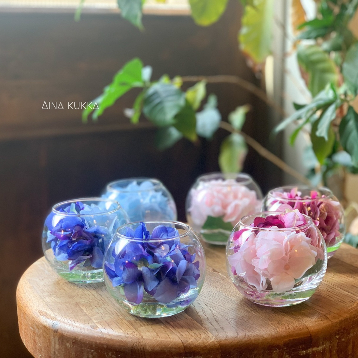 紫陽花のガラスボールアレンジ]Sサイズ/カラー6種/アーティフィシャル
