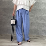SALE 40%off■ 【小柄S】■スラっと脚長スタイルアップ！リネンライクワイドパンツ ブルー■UV対策 速乾生地 KMC-702 105188