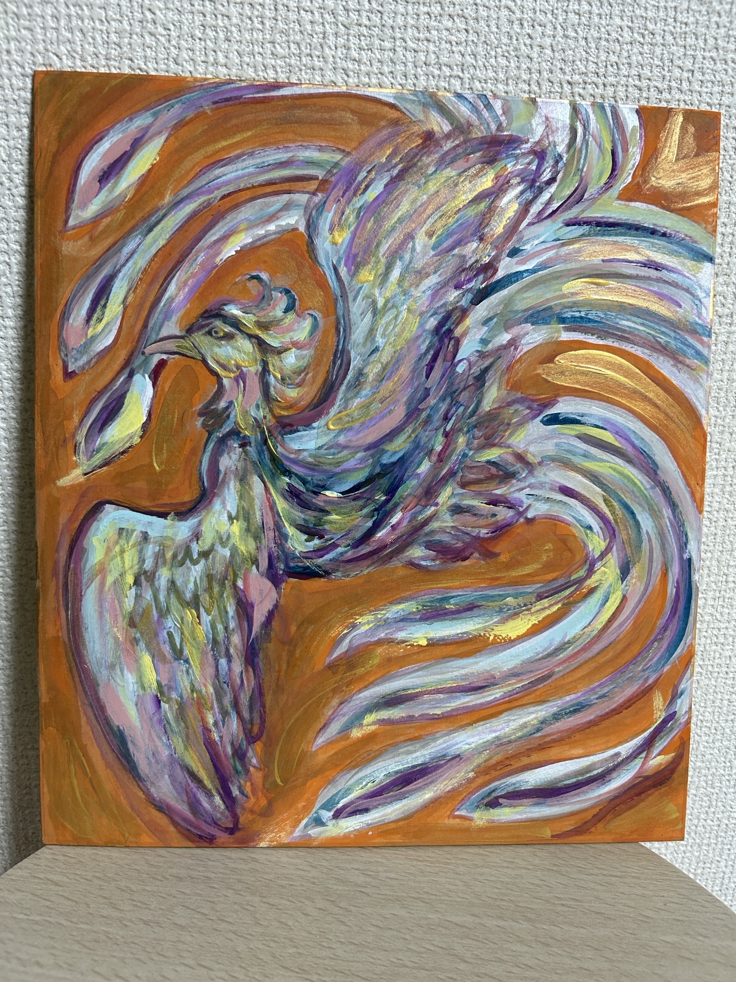 鳳凰 鳳凰イラスト 手描き 色紙にアクリル絵の具で描いたエネルギー