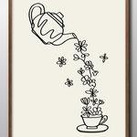 13489■ポスター　絵画　インテリア　A3サイズ　『フラワーティーポット　花　ティーカップ　カフェ』イラスト　アート　北欧