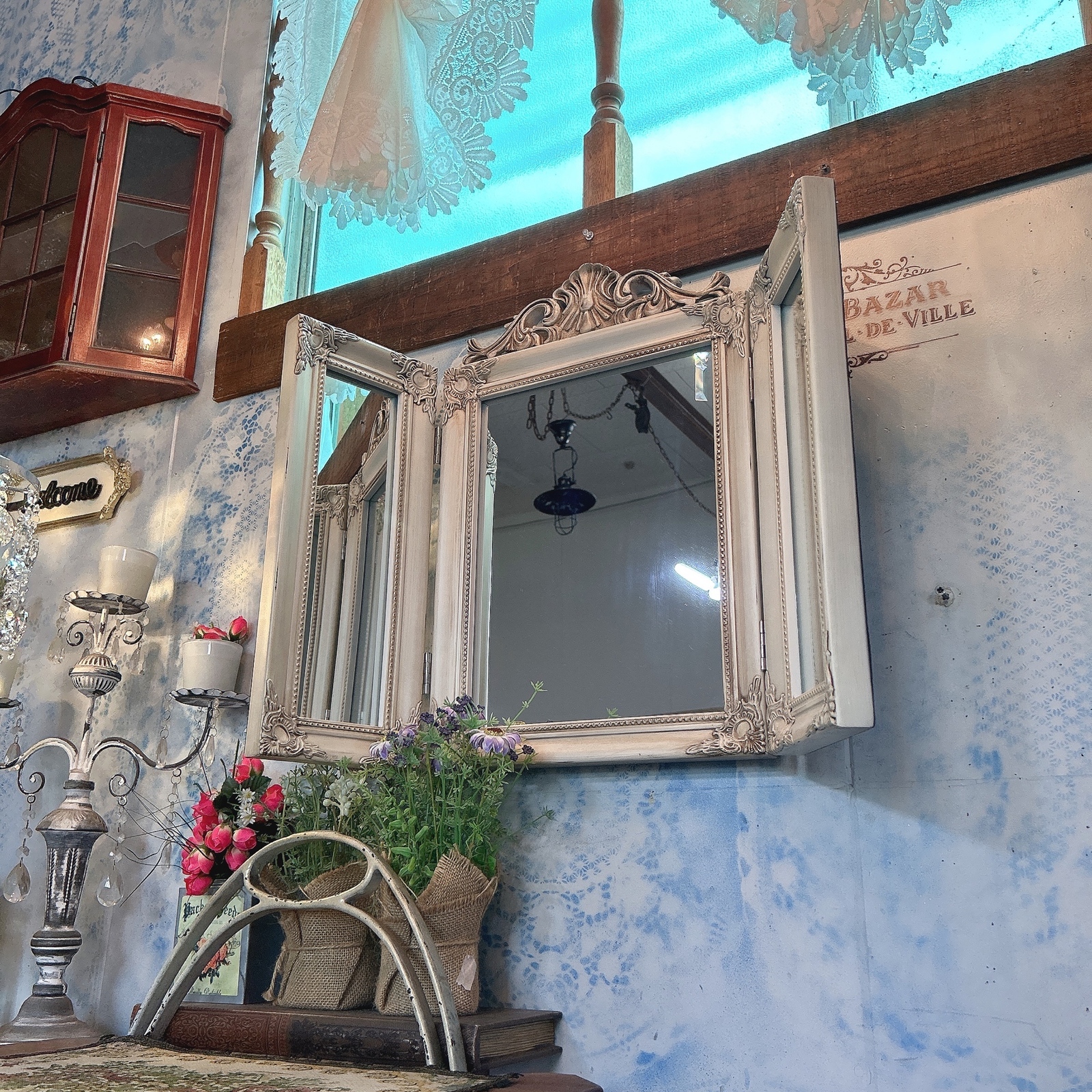 アンティークな部屋 おしゃれな鏡 三面鏡 ①ウォールミラー 2WAY折畳み