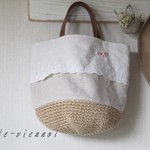 最終　オーガニック 刺繍コットン レース+リネン麻ヒモかごバッグ＊アンティーク　Ｍ