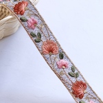 インド刺繍リボンᢂオーガンジーフラワー【グレー】インド刺繍/刺繍リボン/刺繍/リボン/シルク/トリム/ブレード/チロリアンテープ/レース