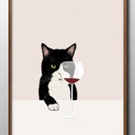 13410■ポスター　絵画　インテリア　A3サイズ　『猫とワイン　ハチワレ』イラスト　アート　北欧