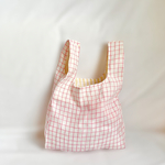  【巾着付き】リネンエコバッグ　check&stripe 折りたたみ　リネンバッグ　レジ袋　ウィンドウチェック　× イエローストライプ