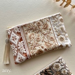 new🤎1点のみ！インド刺繍リボン華やかポーチ beigeorange✨大きめ 用途いろいろ！