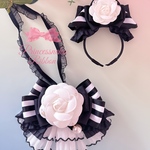 ペット用チョーカー&カチューシャセット🖤ブラックストライプ④🖤カメリア🎀robe&フロアリボン 🎀
