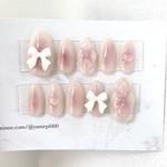 チークネイル リボンネイル ネイルチップ つけ爪 ハート フレンチガーリー ワンホンネイル