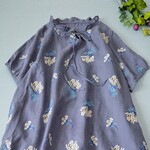 リネン100％紫陽花総刺繍ポケット付きフリル衿大人可愛い半袖ワンピース♪