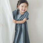 フレンチスリーブ スモークブルーのナチュラルワンピース《80〜130cm》女の子 大人っぽい シンプル コットン 