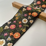 約10.5cm幅/刺繍リボン/オーガンジー/黒/ワイド/花刺繍