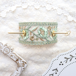 《再再再再販》2wayタイプ　グリーン　ゴールド　刺繍リボン　マジェステ　ヘアカフス　かんざし　髪飾り　リボンラップ　ラップポニー　インド刺繍