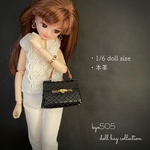 1/6 doll size本革バッグ　艶やかブラック＆ブラウンハンドル