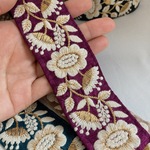 【50cm】【50mm幅】【パープル】インド刺繍リボン　金糸　ゴージャス　フラワー　花柄 手芸　ハンドメイド　アクセサリーパーツ DIY R007-3
