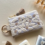 new🤎インド刺繍リボンポーチ Floret beige✨カードケース💳 フェイクレザー