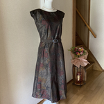 【Sale❣️】大島紬の未使用反物から作ったフレンチスリーブのワンピース　ボートネック　着物リメイク　パーティー　、ランチ、結婚式