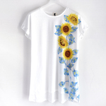 レディース ひまわり柄チュニックTシャツ 手描きで描いたひまわり柄ワンピース