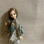 巾着付き！涼しげな青いお花💙の浴衣とブルーグリーンの帯のセット　リカちゃんサイズ
