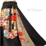 刺繍 黒留袖 ロングスカート 舞台映え リボン フレアスカート 着物リメイク ウエストゴム 和柄 調整ボタン付 衣装 演奏会 結婚式 黒 和柄 フリーサイズ  w55〜w100黒(A561)