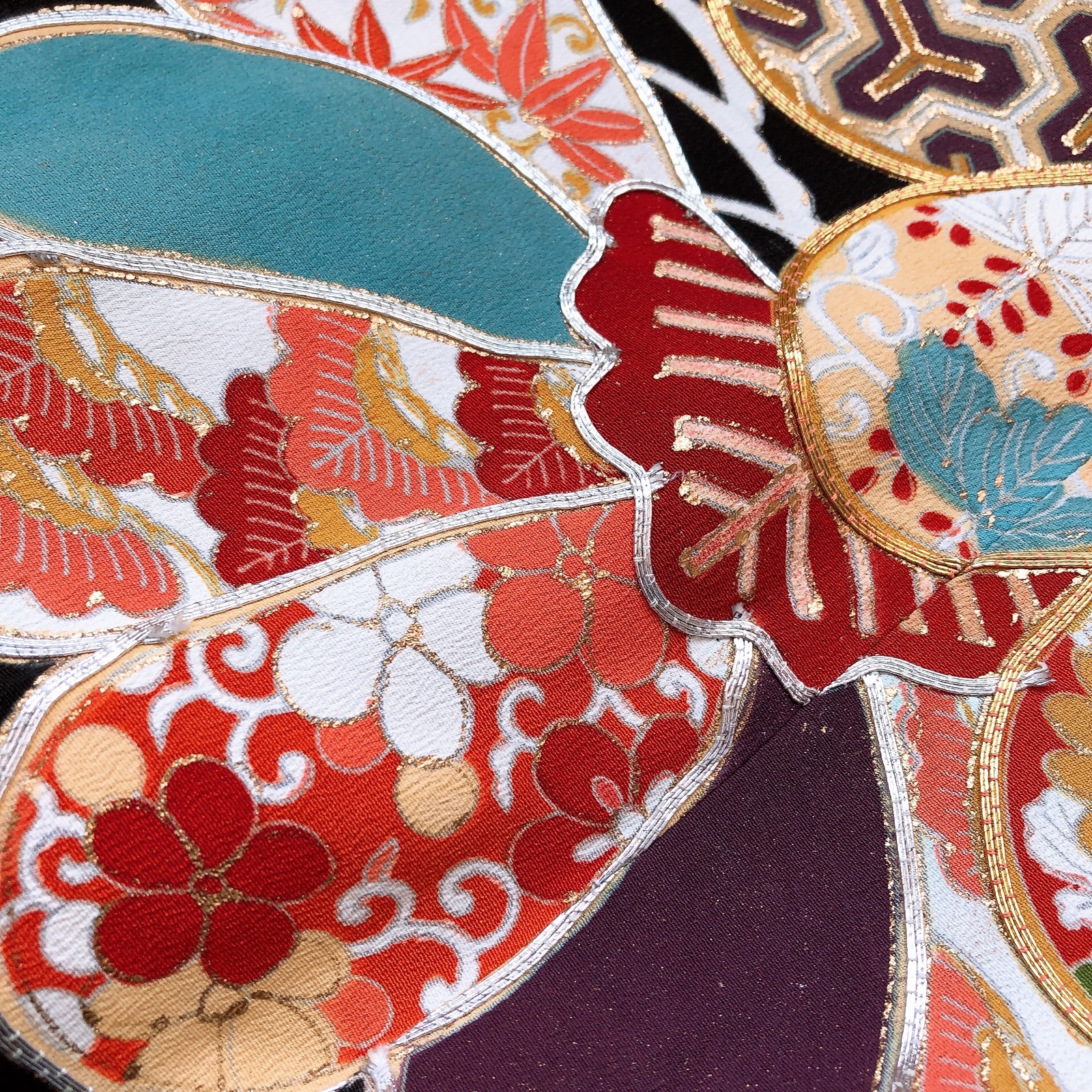黒留袖リメイクボレロ付きロンクドレス　花柄刺繍 黒留袖リメイクロングドレス御所車グレーの花鳥11号から13号