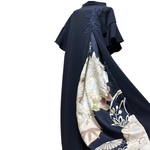 着物リメイク　振袖　和柄　ワンピースドレス　濃紺×シック上品な手鞠や桜　ネイビー花モチーフレース　サーキュラ袖　丈120 L〜3L