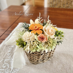 フルーティーオレンジのジニアとローズの花かごアレンジ                                       結婚祝い  引越し祝い   誕生日   玄関飾り プリザーブドフラワー