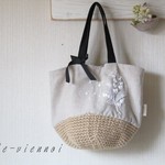 megu...様専用ページ　リネン＋すずらんレース+スパンコール＊アンティーク＊麻ヒモかごバッグ ショルダー　L