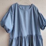 薄地コットン青黒ボーダー＆ストライプチュニックワンピースM綿播州織夏用半袖