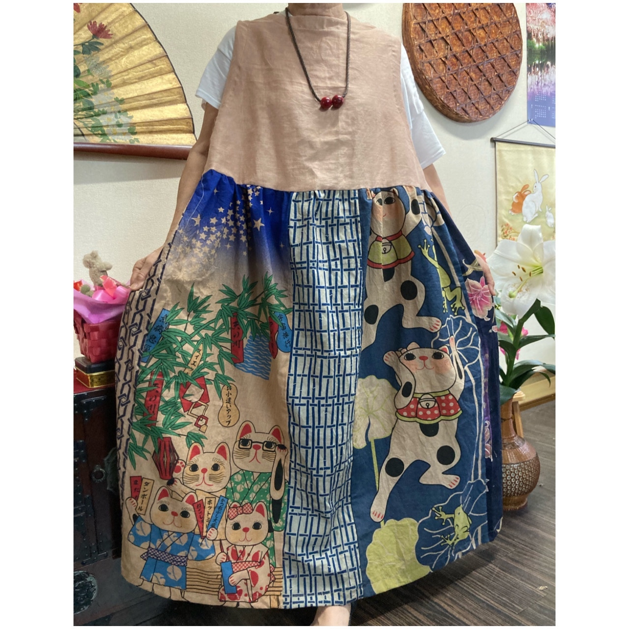 柿渋染め浴衣リメイク　ノースリーブワンピ　ハンドメイド 304】柿渋染め浴衣リメイクノースリーブワンピ - メルカリ