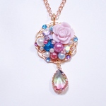 薔薇とビジューのネックレス レジン 紫 ドロップ