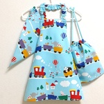 ☆１セット限定20％OFF☆ 100cm 汽車ぽっぽ（ブルー）ゴム紐 子供用エプロン・三角巾・巾着袋セット