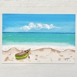 透明水彩画「エメラルドグリーンの海」イラストポストカード2枚セット 絵ハガキ　海　癒し　ボート　暑中見舞い　残暑見舞い　夏
