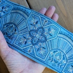 1mカット済【インド刺繍リボン】シルク　刺繍　リボン　りぼん   【ブルー】