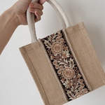 インド刺繍リボンジュートバッグ(ブラック)