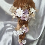 💜新作💜紫✖️ゴールド💜編みおろし　刺繍リボン　成人式髪型　成人式髪飾り　結婚式　卒業式　アメリカンフラワー　クリアフラワー　パープル　ラプンツェル