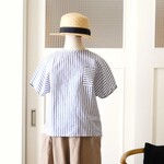 ハーフリネンストライプ半袖プルオーバーシャツ（ブルー✕オフ）
