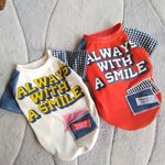犬服！Msize！デニム&ギンガムTシャツ　レッド