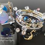 🌕夏の月　天然石ブルーオーラ　カラークォーツ　アクアオーラ　コイルブレスレット　　🌙三日月/スパンコール　チャーム付き