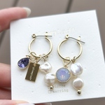 【 淡水パール × アシンメトリー ビジュー フープ ピアス イヤリング / タンザナイト 】スワロフスキー チャーム 外せる 人気 軽い 金属アレルギー  