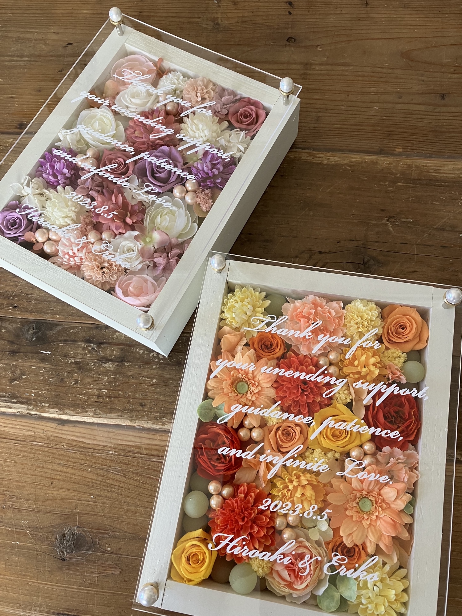 2個セット 結婚式両親贈呈品 プリザーブドフラワーアレンジ 白枠〈イエローオレンジ＆ピンクパープル白〉白文字入れ 17,424円