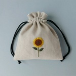 〚字入れ〛リネンの手刺繍巾着ポーチ＊ひまわり