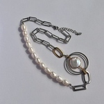 silver×gold  淡水パールネックレス［SSN041］ミックスカラー　淡水パール　パールネックレス　ステンレス　チェーンネックレス　個性的　バロックパール　シルバーネックレス