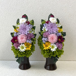 【chakolon様専用】プリザーブドフラワーの仏花☆高さ22cm菊ピンク白色黄色仏花 一対 お供えお悔み