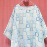 Ｗガーゼ パッチワーク風お花柄 ゆったりワンピース　水色