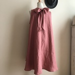 フレンチリネンバイオウォッシュ加工リネン（コーラルレッド）で作った後リボンノースリフレアワンピース