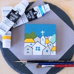 ミニサイズ「教会のある風景」コルクボードの原画＊小さなアートパネル